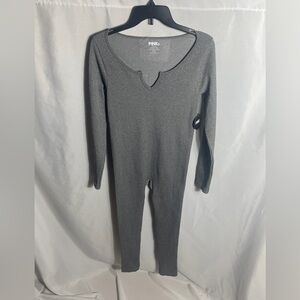 Pink Dot Ribbed One Piece Jumpsuit Gray Long Sleeve Stretch Bodysuit Large